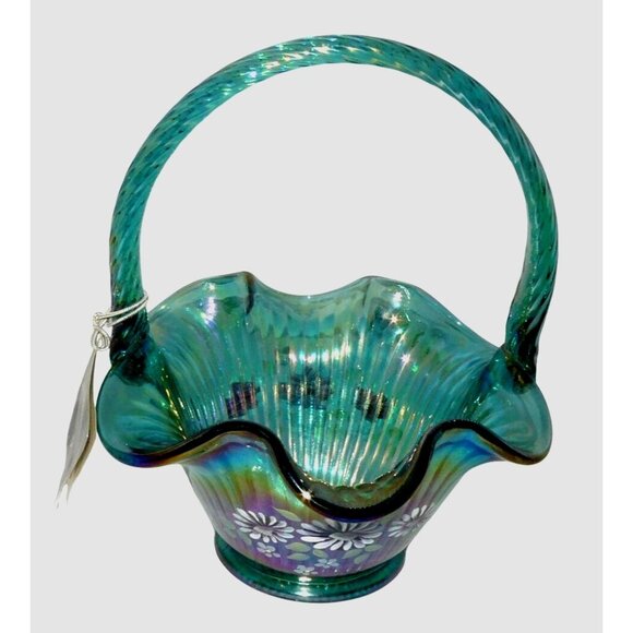 Fenton Handcrafted Iridescent Teal Glass Basket Hand-Painted Floral Twisted Hand - Picture 7 of 7